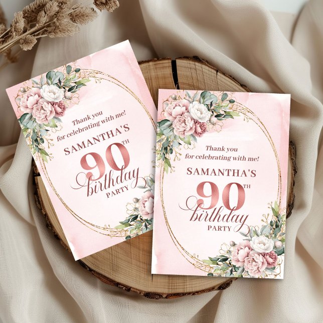 Tarjeta De Agradecimiento Luxury Blush Pink Gold Floral 90th Birthday Thanks (Luxury Blush Pink Gold Floral 90th Birthday Thank You)