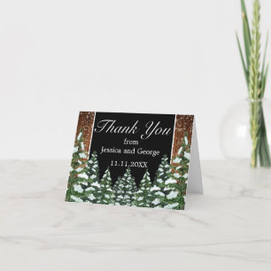 Tarjeta De Agradecimiento Madera nevada negra y Boda de pino forestal
