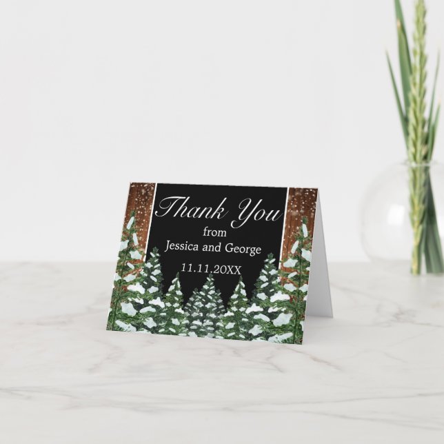 Tarjeta De Agradecimiento Madera nevada negra y Boda de pino forestal (Anverso)