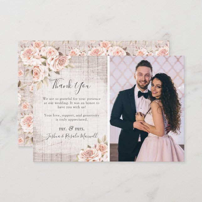Tarjeta De Agradecimiento Madera Rusa y Rosas Shabby Boda Gracias. Foto (Anverso / Reverso)