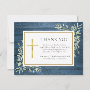 Tarjeta De Agradecimiento Madera rústica azul vegetación funeral cristiano