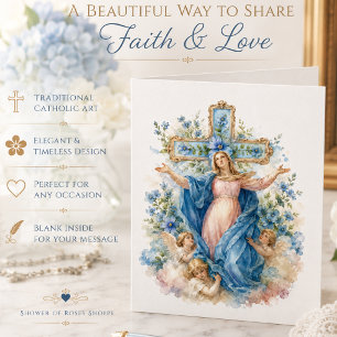 Tarjeta De Agradecimiento Madre Bendita María Cruz Floral Azul