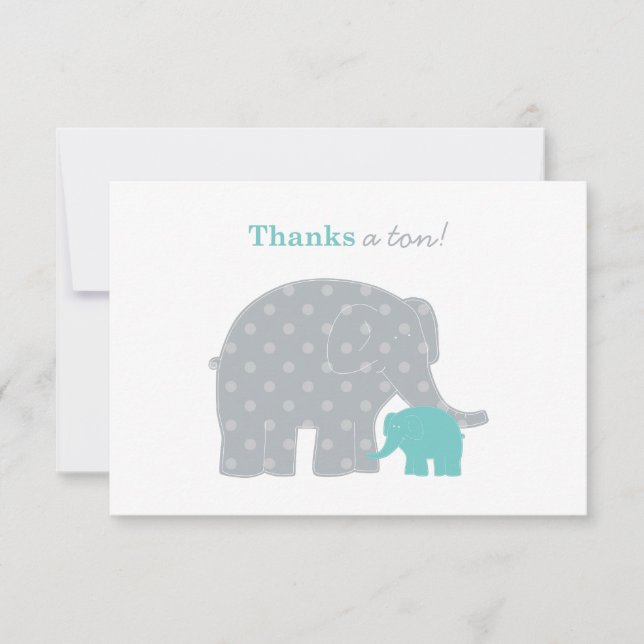 Tarjeta De Agradecimiento Madre e hijo Elefante Ducha Aqua Azul y Gris (Anverso)