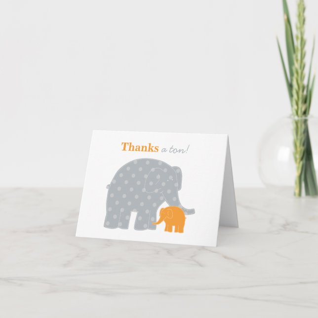 Tarjeta De Agradecimiento Madre Elefante Naranja Gray Dots Baby Shower (Anverso)