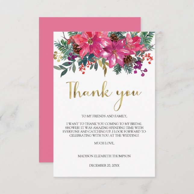 Tarjeta De Agradecimiento Magenta Navidades de Poinsettia Rosa (Anverso / Reverso)