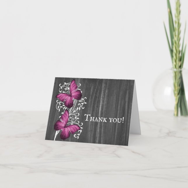 Tarjeta De Agradecimiento Magenta Rustic Butterfly Boda Gracias Cartas (Anverso)