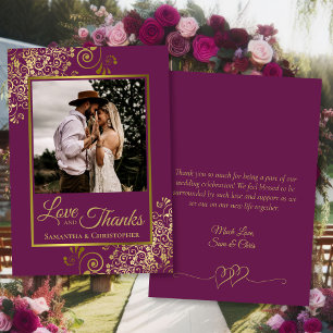 Tarjeta De Agradecimiento Magenta y Gold Love & Gracias Photo & Note Boda