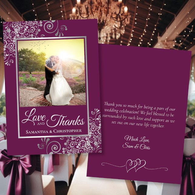 Tarjeta De Agradecimiento Magenta y Silver Love Gracias Boda Photo & Note (Front/Back)