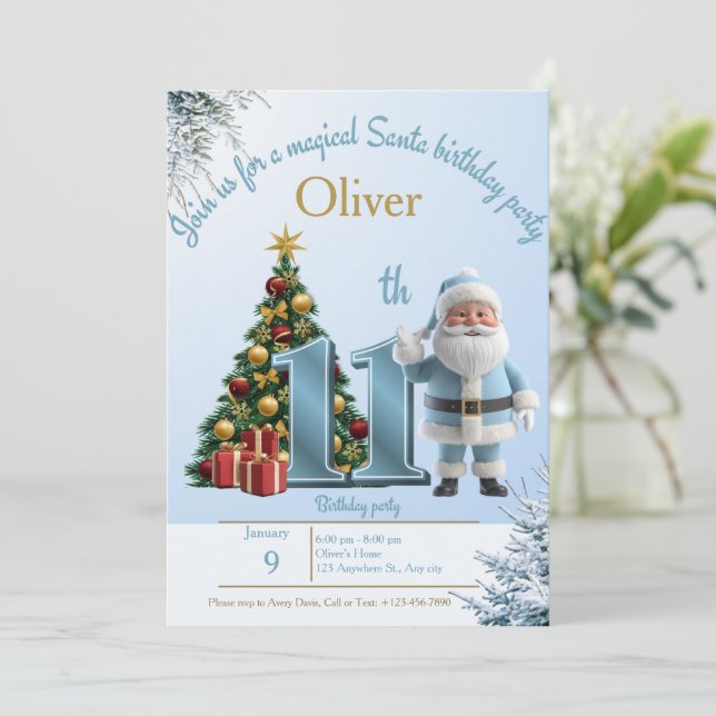 Tarjeta De Agradecimiento Magical Santa Birthday Invitation – 11th Birthday (Anverso de pie)