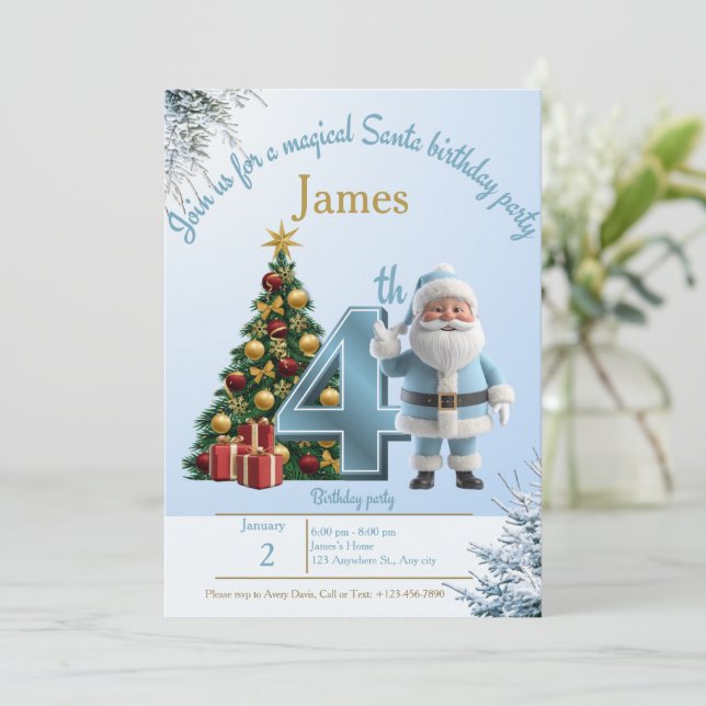 Tarjeta De Agradecimiento Magical Santa Birthday Invitation – 4th Birthday (Anverso de pie)