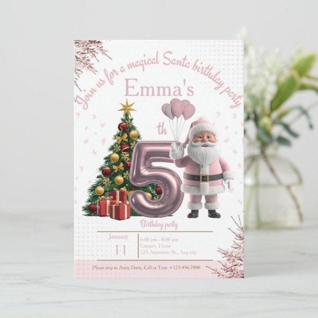 Tarjeta De Agradecimiento Magical Santa Birthday Invitation – 5th Birthday (Anverso de pie)