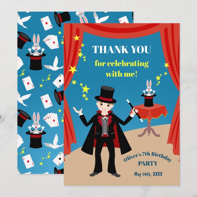 Tarjeta De Agradecimiento Magician Boy Show Birday Party (Anverso / Reverso)