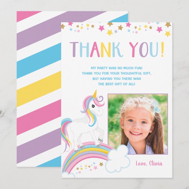 Tarjeta De Agradecimiento Magnífica foto de cumpleaños de Rainbow Unicorn (Anverso / Reverso)