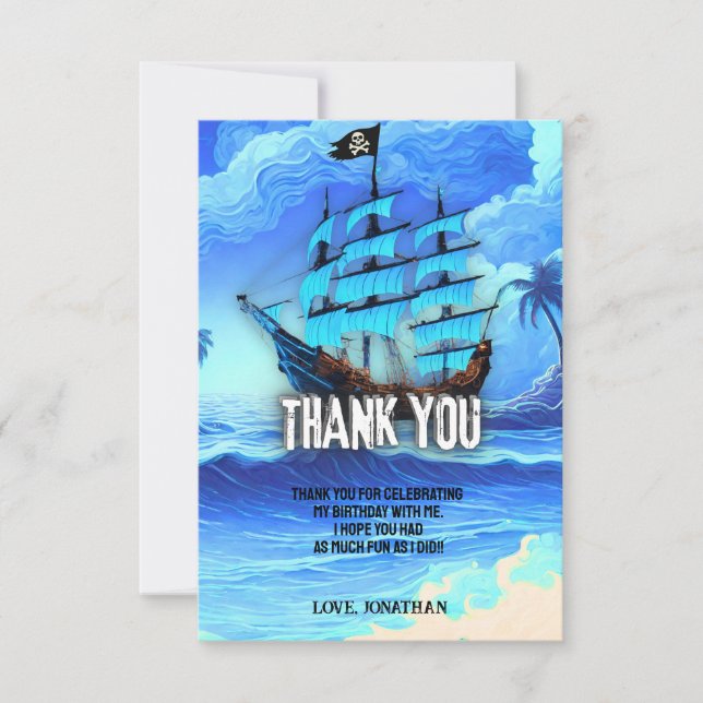 Tarjeta De Agradecimiento Magnífico Neon Blue Glow Pirate Ship Fiesta Gracia (Anverso)