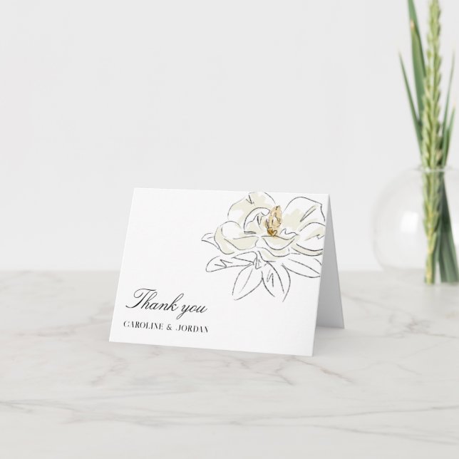 Tarjeta De Agradecimiento Magnolia blanca Ilustracion Boda mínimo moderno (Anverso)