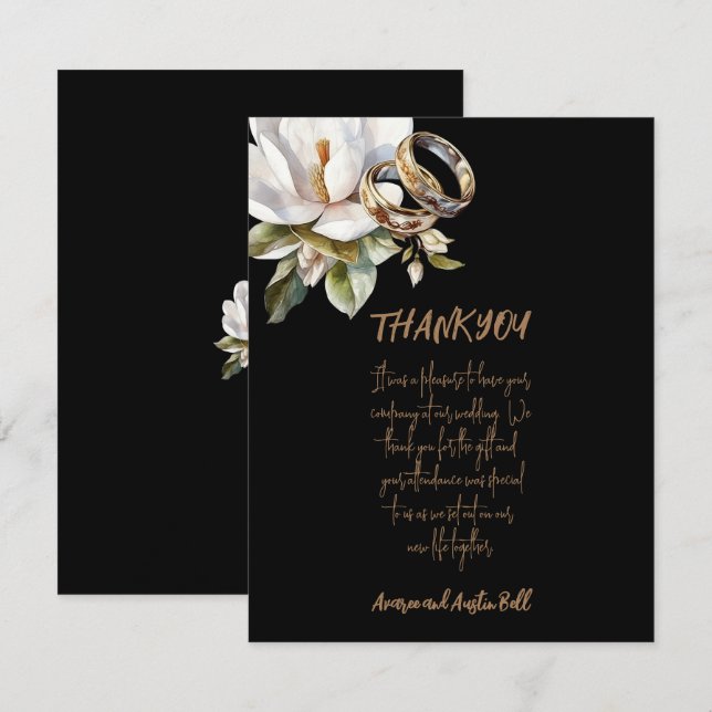 Tarjeta De Agradecimiento Magnolia Boda Anillos Oro y Boda Negro (Anverso / Reverso)