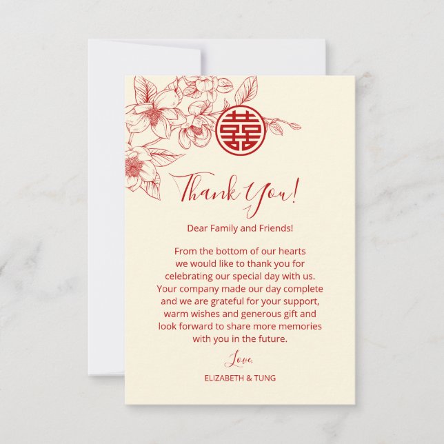 Tarjeta De Agradecimiento Magnolia Cream Boda chino rojo (Anverso)