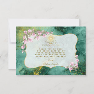 Tarjeta De Agradecimiento Magnolia Floral Malaquita Oro Santa Comunión