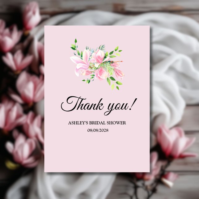 Tarjeta De Agradecimiento Magnolia rosa elegante acuarela Ducha de novias (Elegant Pink Magnolia Watercolor Bridal Shower Thank You Card)