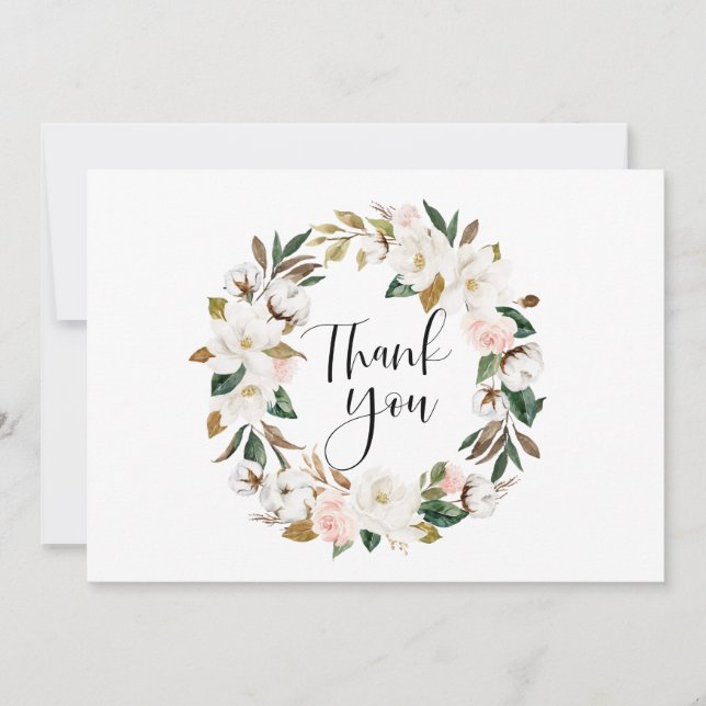 Tarjeta De Agradecimiento Magnolias acuarelas y Boda de guirnaldas de algodó (Anverso)