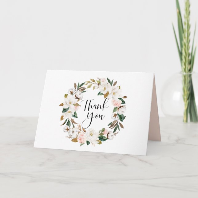 Tarjeta De Agradecimiento Magnolias acuarelas y Boda de guirnaldas de algodó (Anverso)