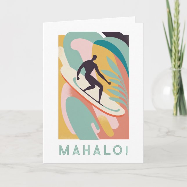 Tarjeta de agradecimiento Mahalo, diseño surfista (Anverso)