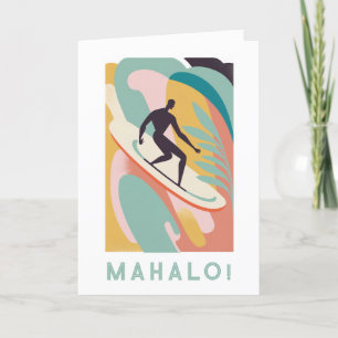 Tarjeta de agradecimiento Mahalo, diseño surfista