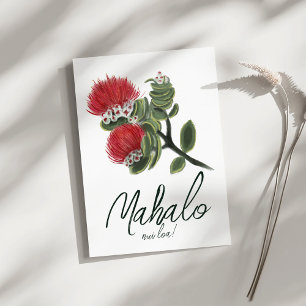 Tarjeta De Agradecimiento Mahalo Flor de Lehua Roja Hawaiana Acuarela