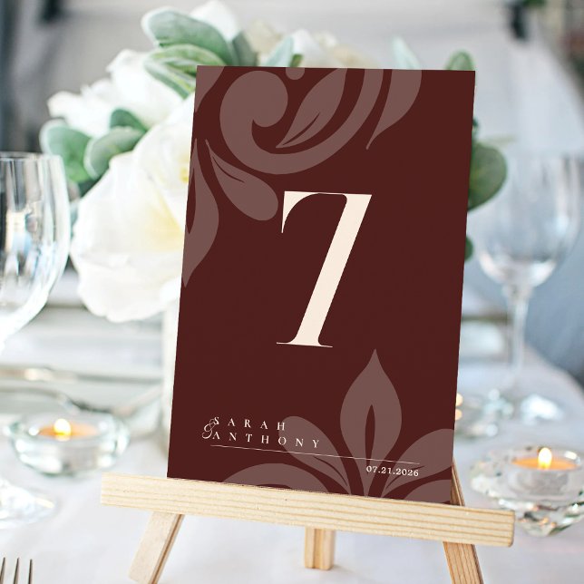 Tarjeta De Agradecimiento Mahogany Red Elegant Damask Table Number Card (Subido por el creador)