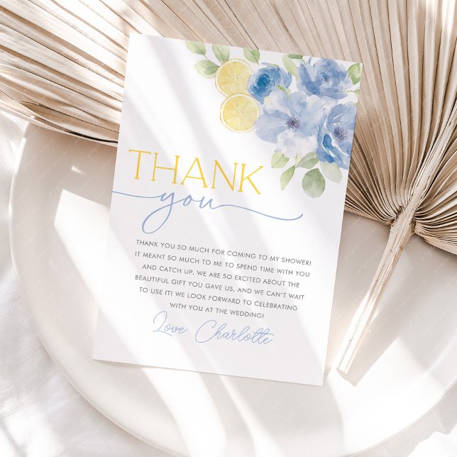 Tarjeta De Agradecimiento Main Squeeze Citrus Floral Bridal Shower Thank You (She found her main squeeze! Bridal Shower Thank You Cards in Blue floral citrus lemon design)