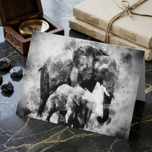Tarjeta De Agradecimiento Majestuosa Elefanta Africana con Cría B&N