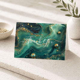 Tarjeta De Agradecimiento Malaquita Verde Esmeralda con Brillos de Oro Graci