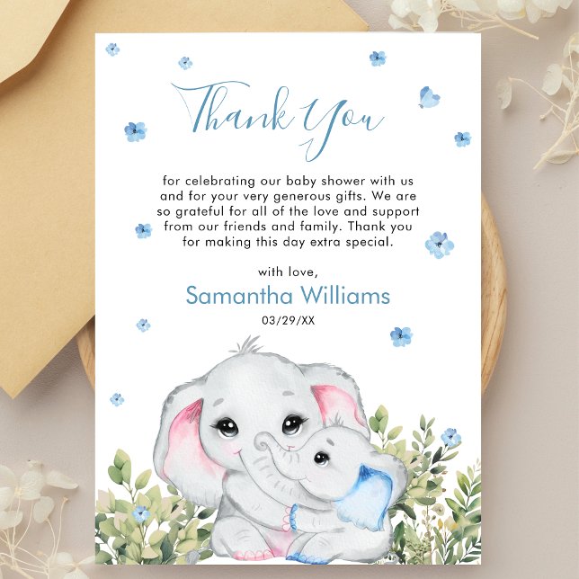 Tarjeta De Agradecimiento Mamá bebé elefante azul agua Baby Shower (Subido por el creador)