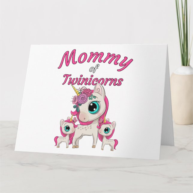 Tarjeta De Agradecimiento Mamá de Twinicorns: Mamá y hijas gemelas Unicornio (Anverso)
