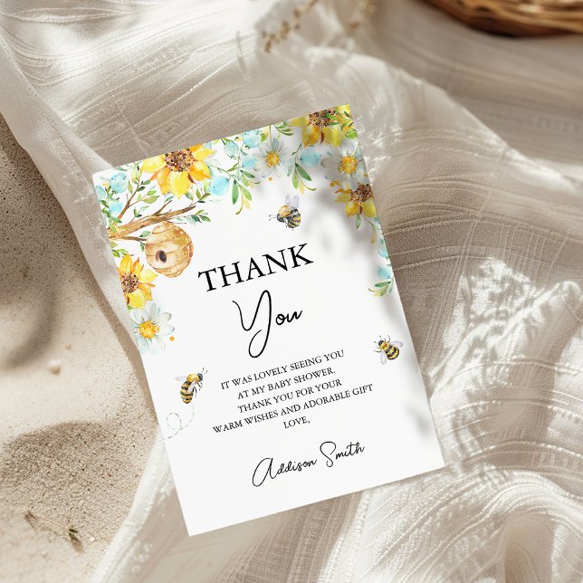 Tarjeta De Agradecimiento Mamá Floral Amarilla Azul Se Convierte En Baby Sho (Boys Mommy-To-Bee Bee Themed Baby Shower Thank You Card, Floral Bumble Bee baby Shower Thank You)