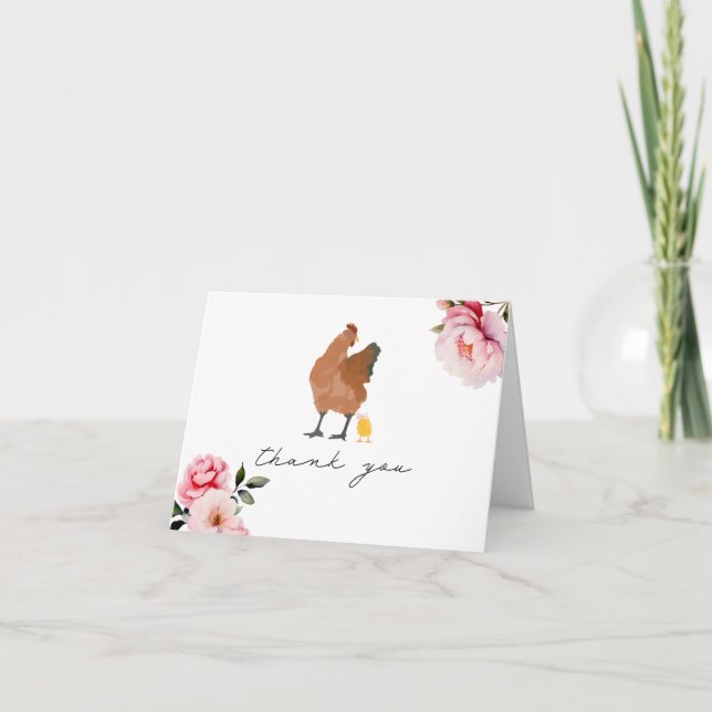 Tarjeta De Agradecimiento Mama Hen Baby Chick Pink Floral Gracias (Anverso)