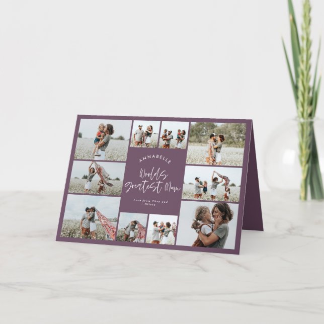 Tarjeta De Agradecimiento Mamá morado elegante moderno collage de fotos míni (Anverso)