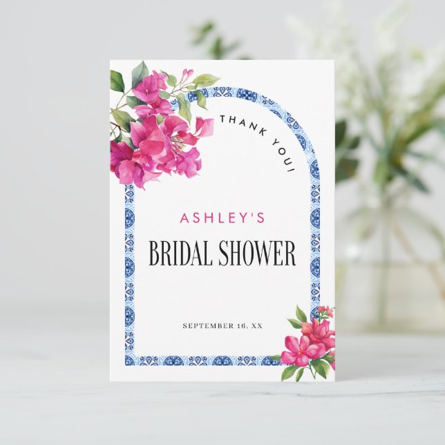 Tarjeta De Agradecimiento Mamma Mia Floral Blue Tiles Arch Brillante Ducha (Anverso de pie)