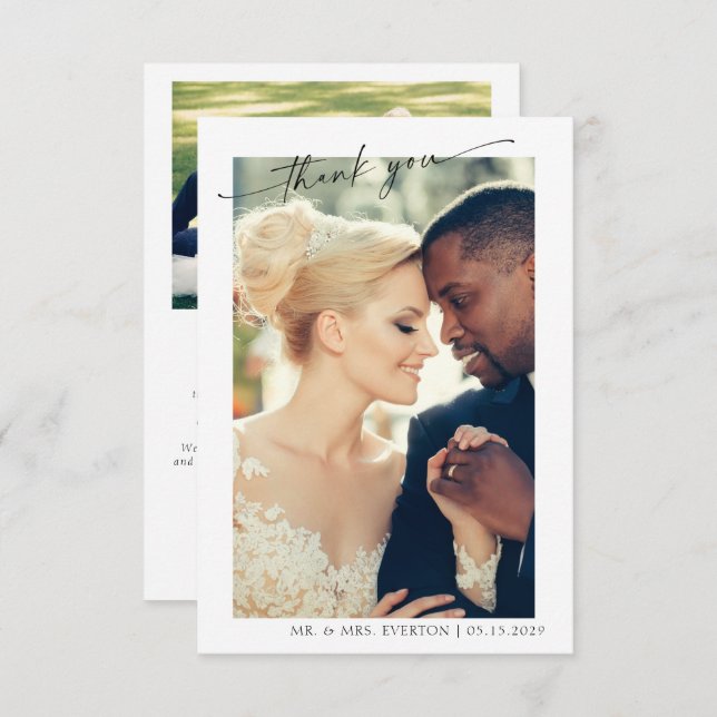Tarjeta De Agradecimiento Mano Moderna Dirigida 2 Foto Boda Gracias (Anverso / Reverso)