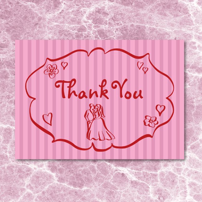 Tarjeta De Agradecimiento Mano retro caprichosa Boda de banda roja rosada (Whimsical Retro Hand Drawn Pink Red Stripe Wedding Thank You Card)