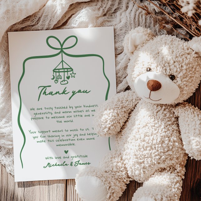 Tarjeta De Agradecimiento Mano verde dibujado Doodle Bow Whimsical Baby Show (Subido por el creador)