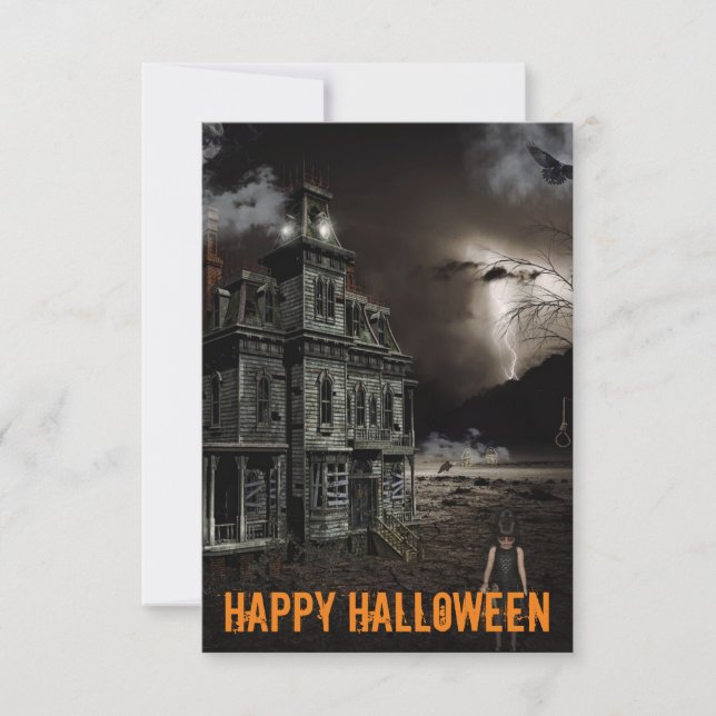 Tarjeta De Agradecimiento Mansión embrujada Personalizable de Halloween (Anverso)