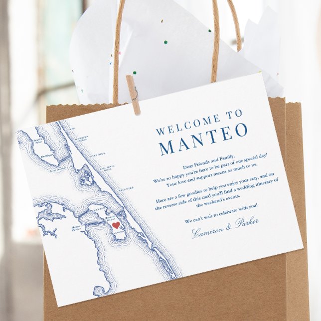 Tarjeta De Agradecimiento Manteo NC Bancos Exteriores Boda Bienvenida Itiner (Manteo NC Map Wedding Welcome Letter and Weekend Events Itinerary with elegant navy blue Outer Banks)