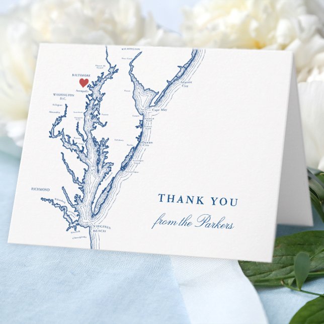Tarjeta De Agradecimiento Mapa azul de la Marina de Maryland de Baltimore pe (Baltimore Personalized Wedding thank you card in elegant navy blue from Coastal Map Designs)