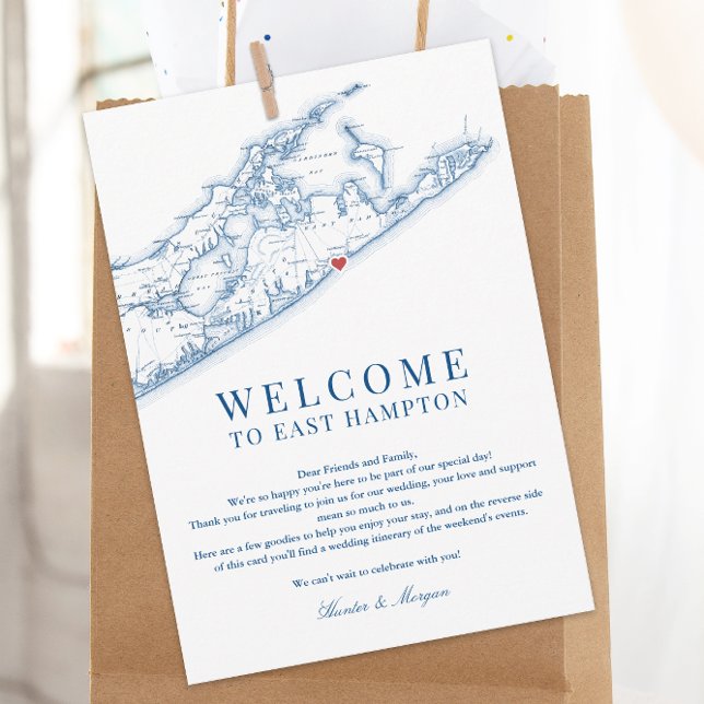Tarjeta De Agradecimiento Mapa de Hampton Oriental Boda Carta de bienvenida  (East Hamtpon NY Map Wedding Welcome letter and weekend events itinerary in elegant navy blue)