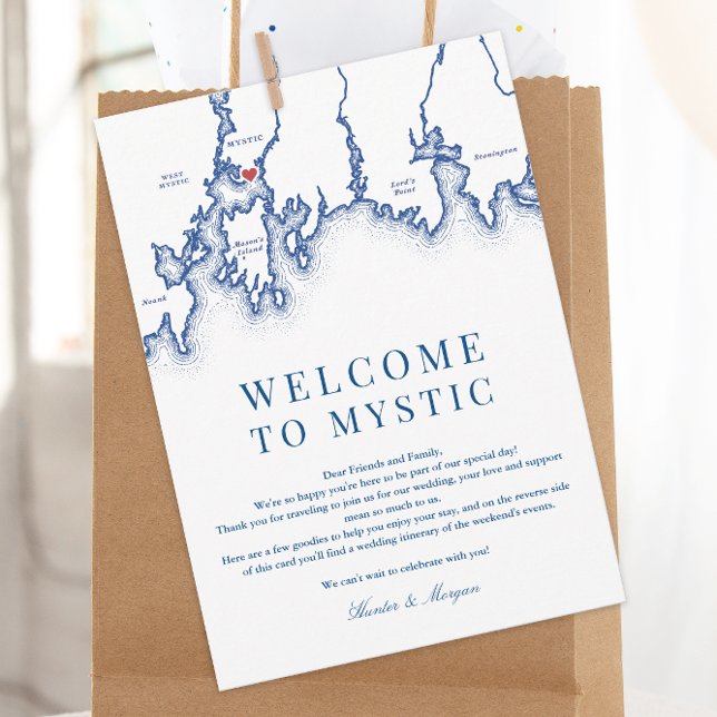 Tarjeta De Agradecimiento Mapa de Mystic CT Boda Bienvenida Itinerario Azul  (Mystic CT Map Wedding Welcome letter and weekend events itinerary for an elegant navy blue wedding)