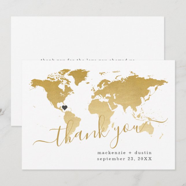 Tarjeta De Agradecimiento Mapa de oro de boda de destino personalizado (Anverso / Reverso)