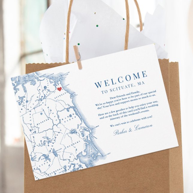 Tarjeta De Agradecimiento Mapa de Scituate MA Bienvenida y Itinerario de Bod (These Welcome to Scituate wedding welcome letters include your itinerary on the back)