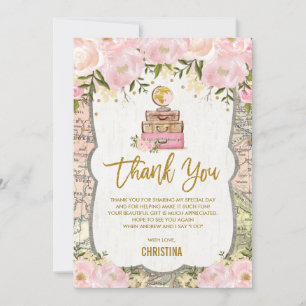 Tarjeta De Agradecimiento Mapa de viaje floral de oro rosa para ducha de nov
