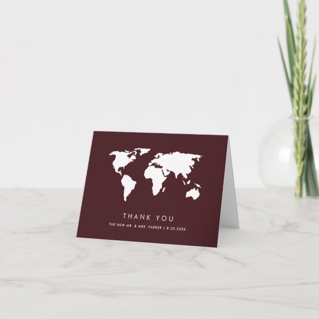 Tarjeta De Agradecimiento Mapa del mundo de Borgoña | Elegante Boda del tema (Anverso)
